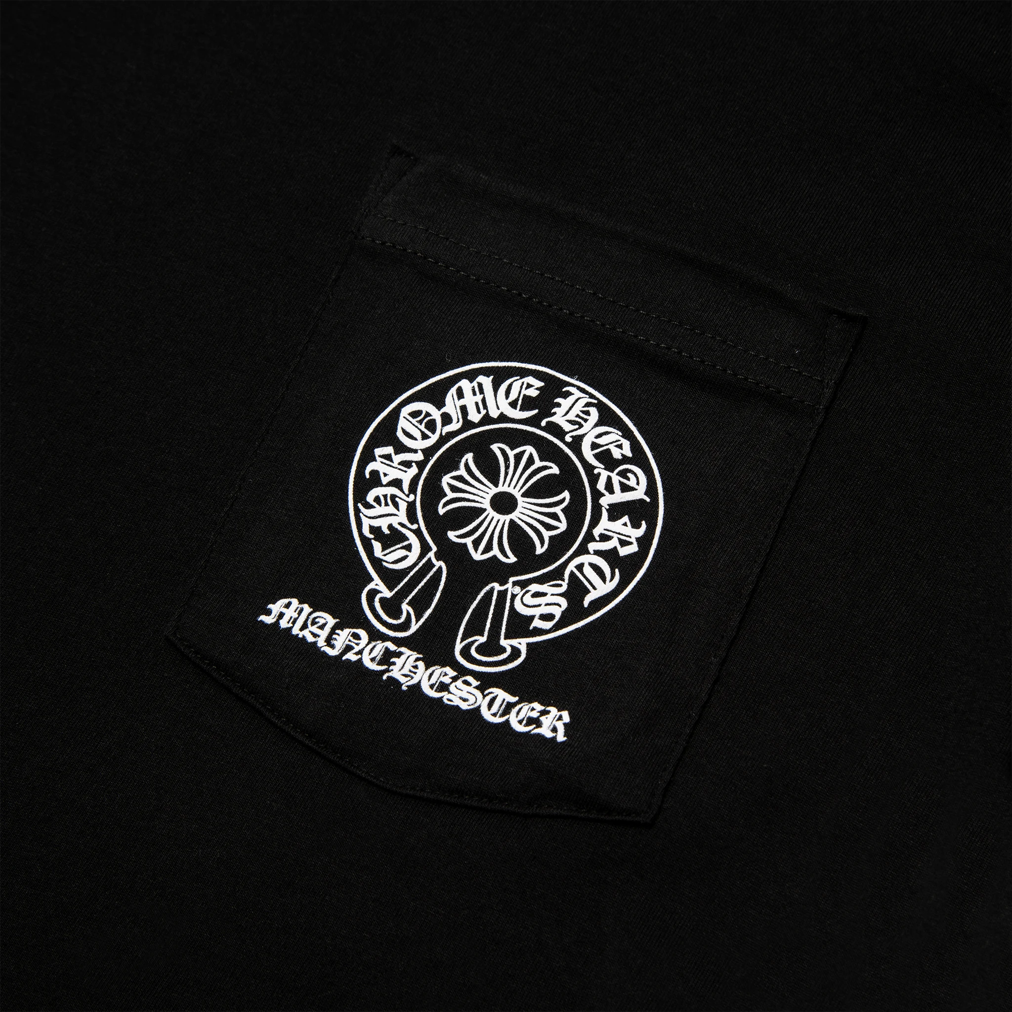 Pocket view of Chrome Hearts Manchester Exclusive Horse Shoe Pocket Logo Black T Shirt
